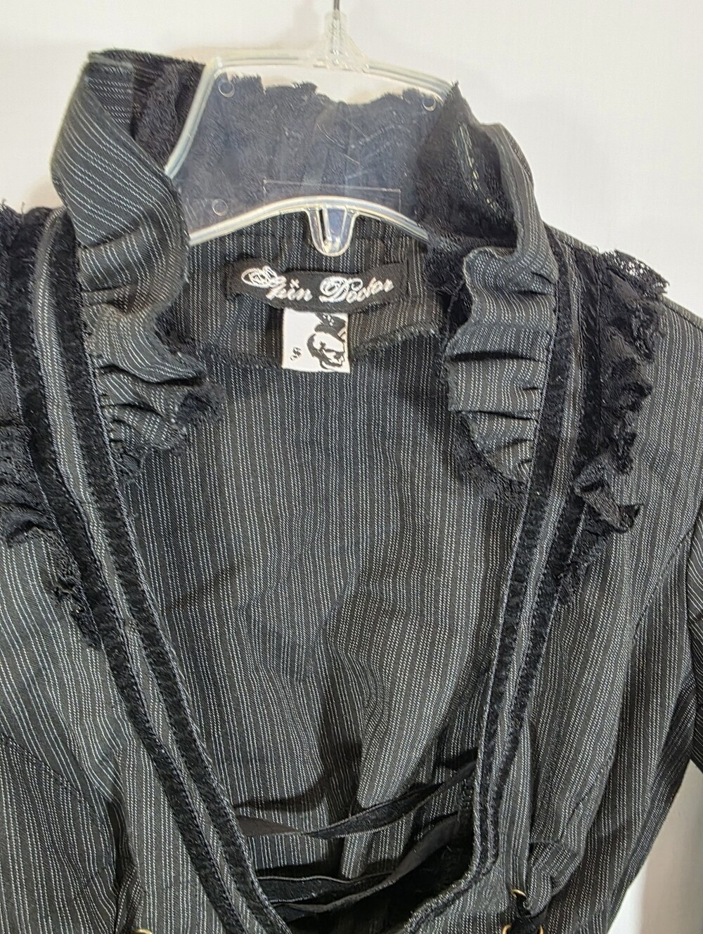Spin Doctor Victorian Goth Pinstripe Corset Top - Velvet Lace Up Bell Sleeve Jac - Picture 5 of 12